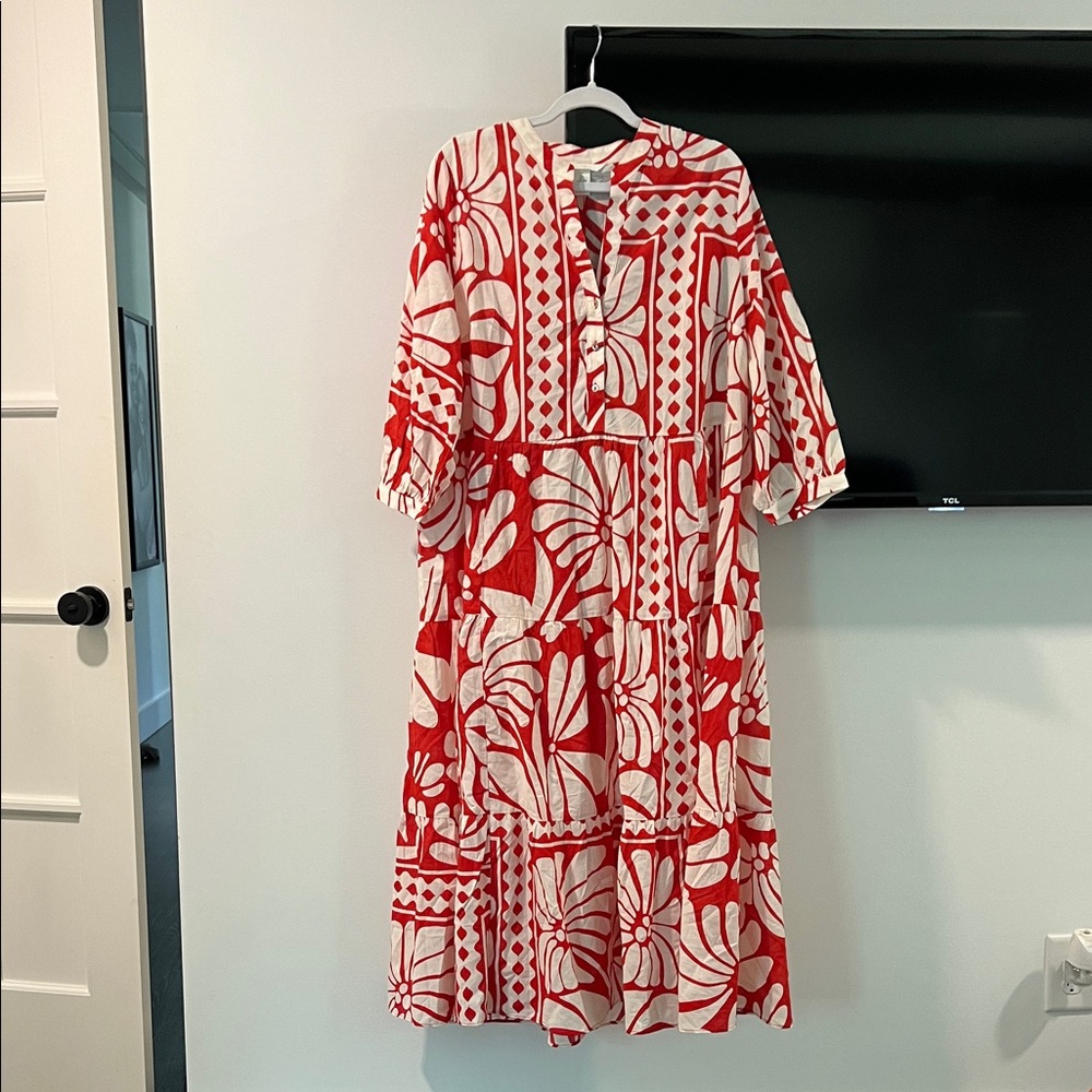 H&M Red and White Patterned Long Sleeve Dress